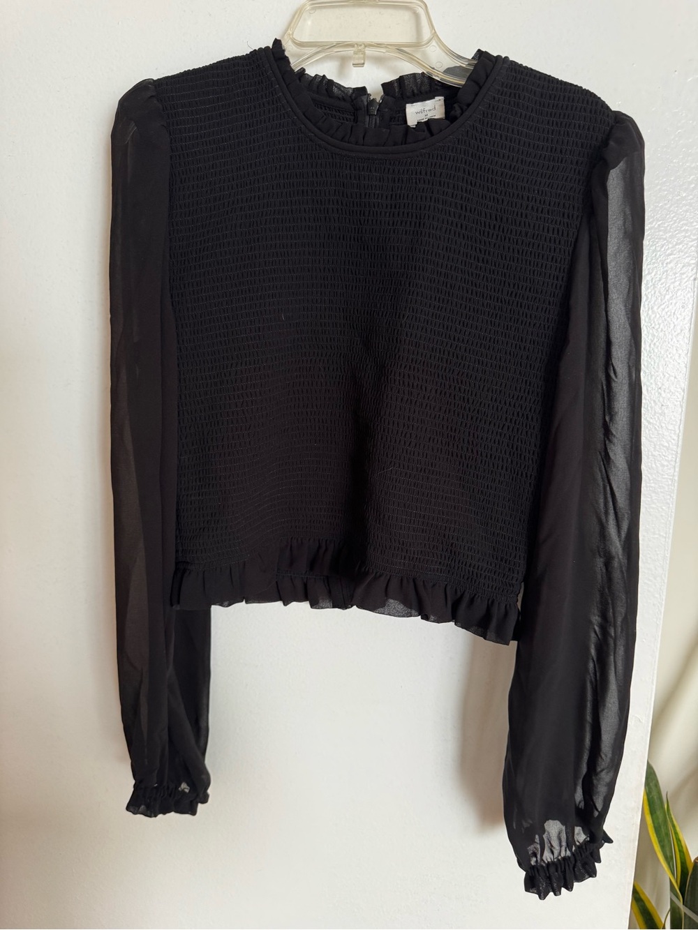 Wilfred Black Smocked Ruffle-Hem Long Sleeve Top